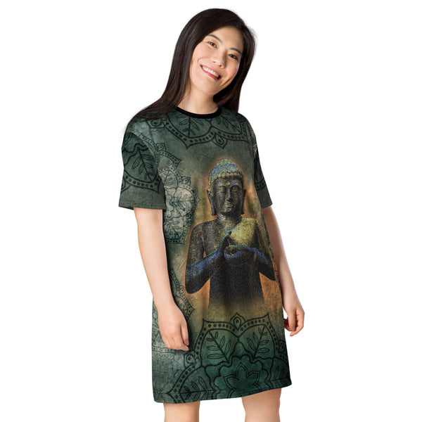 Buddha in Mudra - Available in PLUS sizes. Artwork honors Buddhist tradition, Om signs, mandala, mantra and meditating yogi. Sushila Oliphant, Apparel for the Spirit.