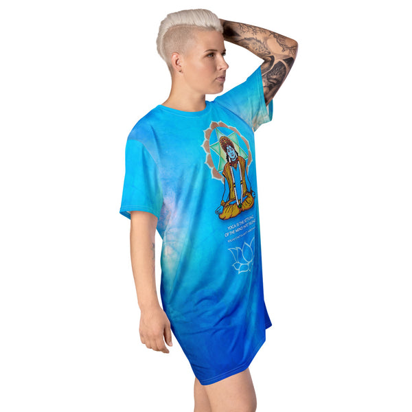 An Avatar Meditating on the Heart Chakra t-shirt dress with om sign, lotus and mandala. Artist Sushila Oliphant with Apparel for the Spirit.