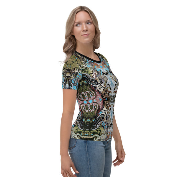 Women's cool yoga tee with a Celtic or Eastern flair. Designed by Sushila Oliphant, Apparel for the Spirit.