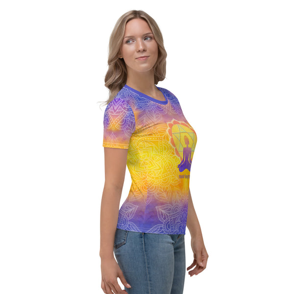 Follow Your Heart women's t-shirt. Heart chakra and yogi meditating, om sign, and lotus. Very spiritual vibe. Artist, Sushila Oliphant and Apparel for the Spirit.