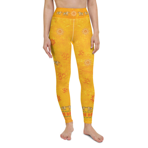 yoga pants with lotus, om sign, peace sign by Sushila Oliphant for Apparel for the Spirit