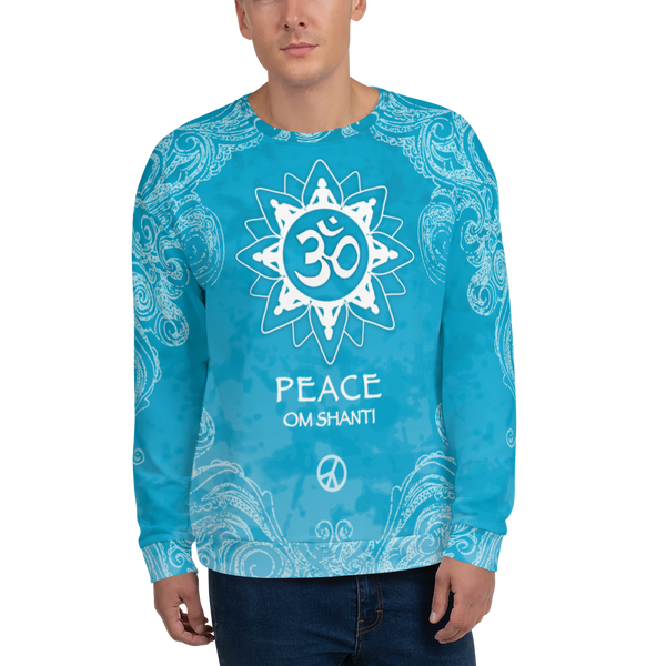 Spiritual yoga sweatshirt with yogi meditating, om sign and peace sign by Sushila Oiphant for apparel for the spirit.