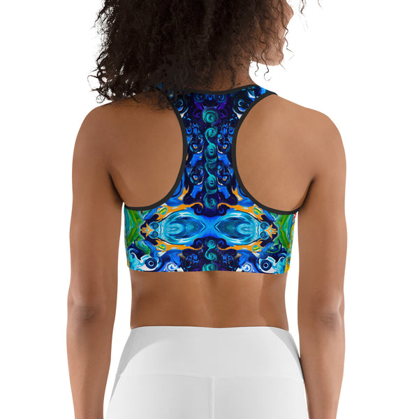 Sports bra with a Celtic vibe for yoga, hot yoga, gym workouts and meditation classes. Designer Sushila Oliphant.