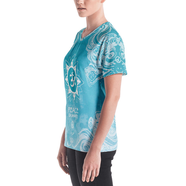 Spiritual yoga v-neck t-shirt with om sign and peace sign by Sushila Oiphant.