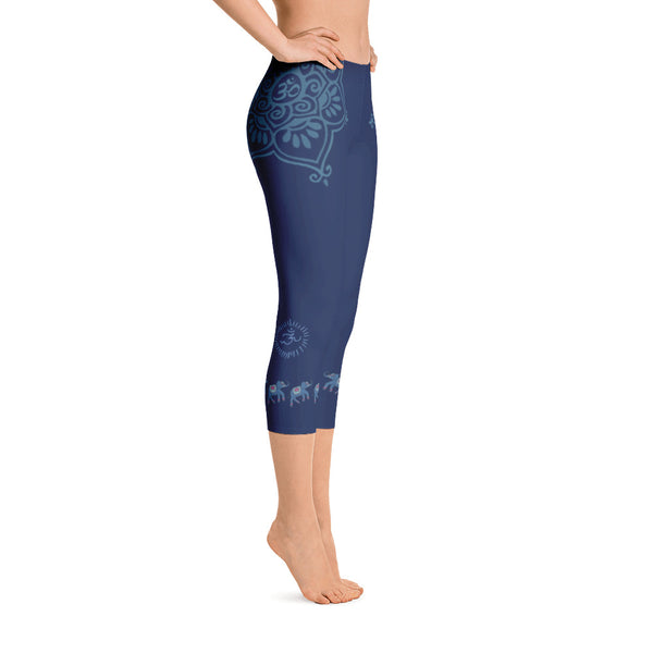 Ganesha inspired capri leggings, adorned with lotus motifs and elephants along the bottom.Great for yoga and gym workouts! Designed by Sushila Oliphant, Apparel for the Spirit.