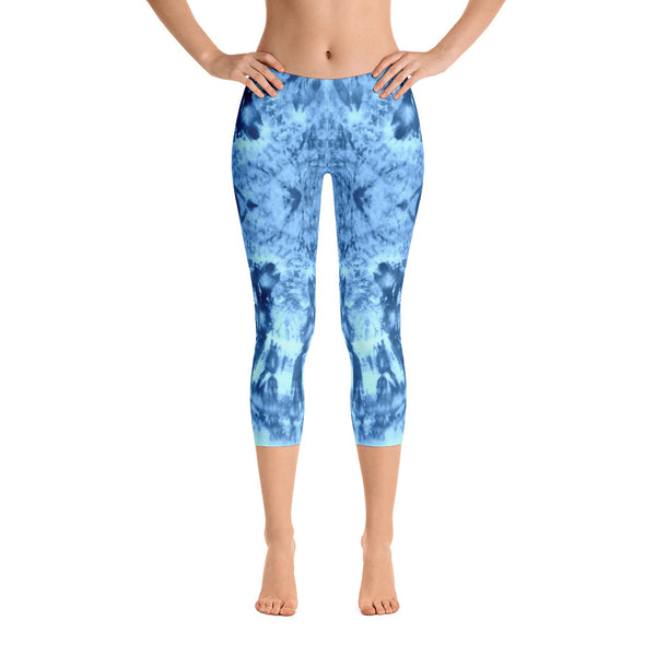 Cosmic Blues capri leggings with abstract tribal themed art. Great for yoga and gym workouts! Designed by Sushila Oliphant, Apparel for the Spirit.