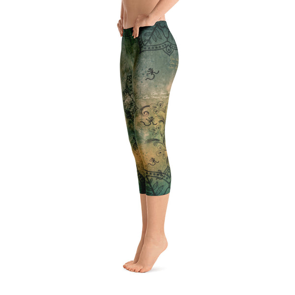 Capri leggings with an Eastern vibe. Matches Buddha in Mudra tops. Designed by Sushila Oliphant, Apparel for the Spirit.