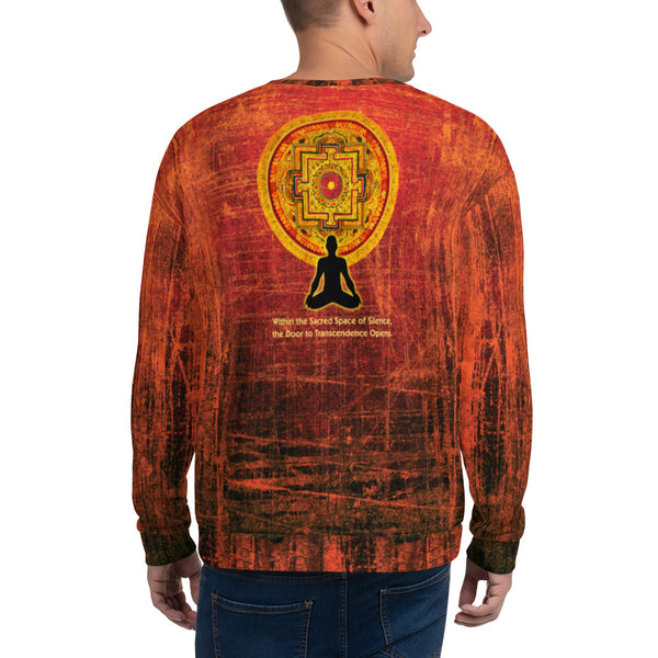 Spiritual unisex sweatshirt with om signs, meditating yogi and mandala by Sushila Oliphant.