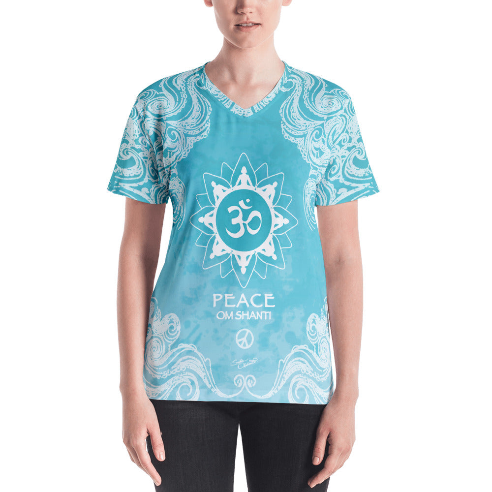 Spiritual yoga v-neck t-shirt with om sign and peace sign by Sushila Oiphant.