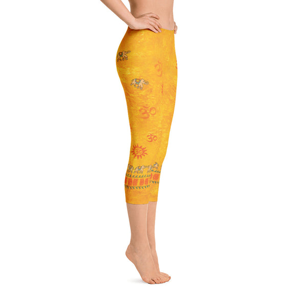 Awaken with these golden capris leggings for yoga.Designed by Sushila Oliphant, Apparel for the Spirit.