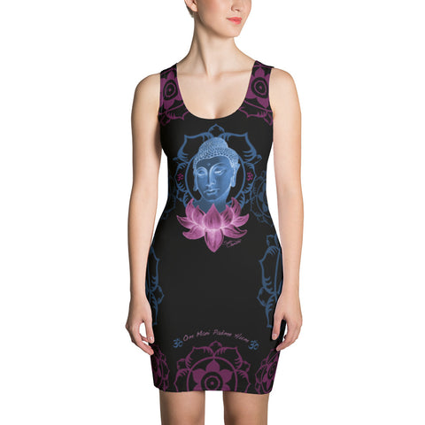 Dress with image of Buddha and om signs by Sushila Oliphant