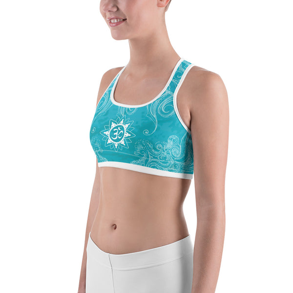 Hot yoga sports bra with om and lotus by Sushila Oliphant for Apparel for the Spirit.