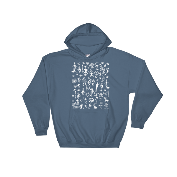 Native American Indian rock art on hoodie by Sushila Oliphant.