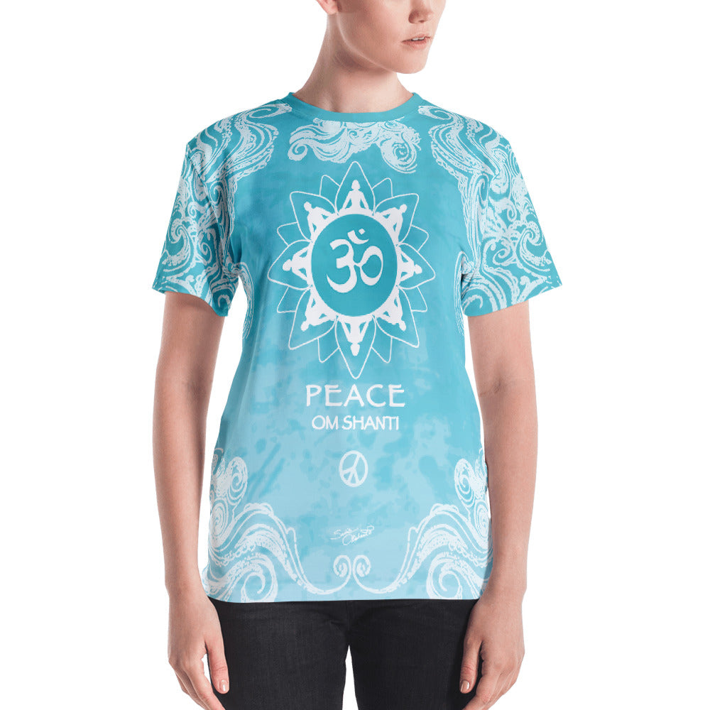 Women's Om Shanti yoga t-shirt with om signs and peace signs. Artist Sushila Oliphant for Apparel for the Spirit.