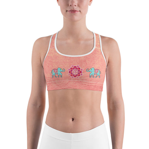 Yoga sports bra with oms and elephants for workouts by Sushila Oliphant for Apparel for the Spirit.