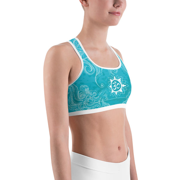 Hot yoga sports bra with om and lotus by Sushila Oliphant for Apparel for the Spirit.