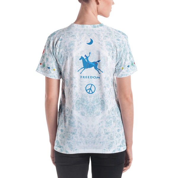 Women's Sacred Circle of Wisdom with rock art, buffalo head, thunderbird, peace sign and freedom rider on horseback. Native American theme designed by Sushila Oliphant, Apparel for the Spirit.