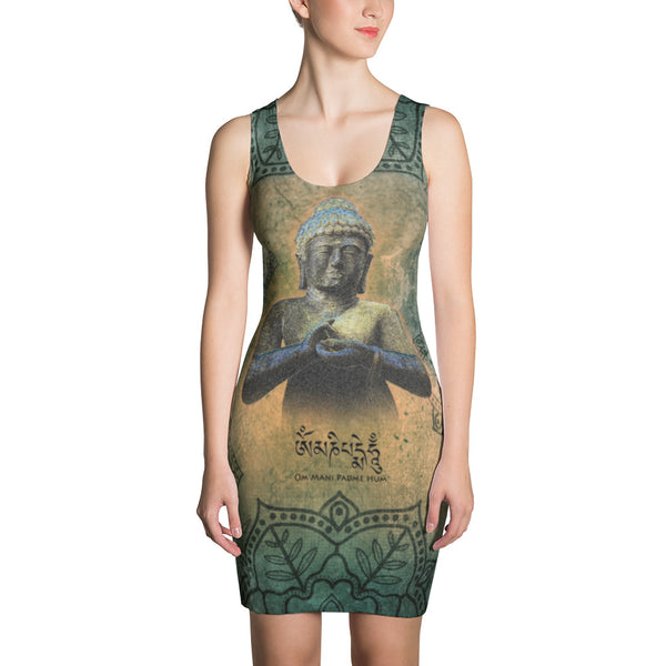 Dress with Buddha in mudra, a mandala, mantra and om sign by Sushila Oliphant