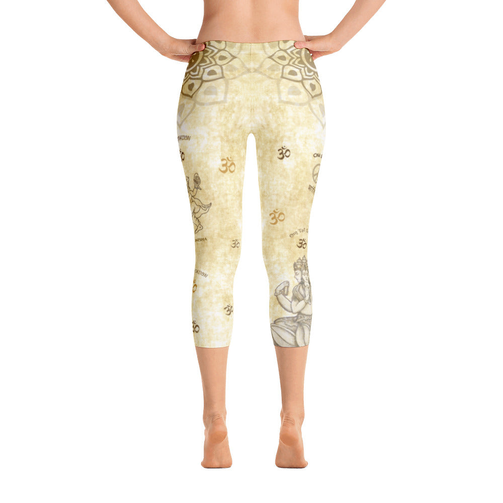 Brahman inspired capri leggings, adorned with lotuses, om signs with Brahman seated in a lotus. Great for yoga and gym workouts! Designed by Sushila Oliphant, Apparel for the Spirit.