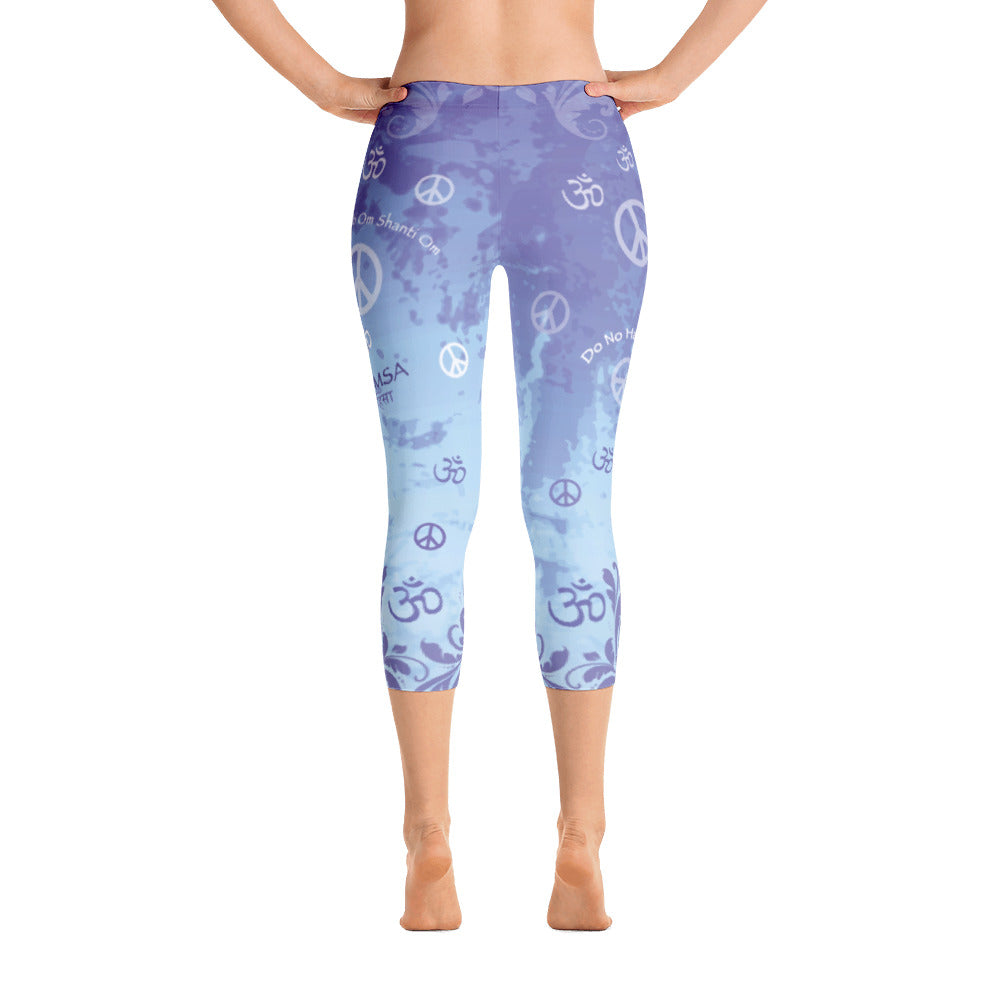 Beautifully adorned with om and peace signs, these lavender capris leggings are great for yoga.Designed by Sushila Oliphant, Apparel for the Spirit.