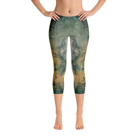 Capri leggings with an Eastern vibe. Matches Buddha in Mudra tops. designed by Sushila Oliphant, Apparel for the Spirit.