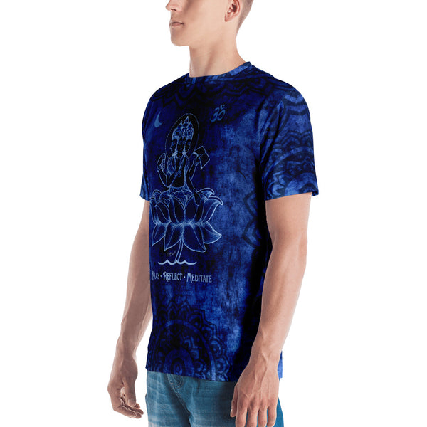 Brahman, a Hindu Diety, seated in a lotus, abstract indigo tribal background. Men's yoga t-shirt by artist Sushila Oliphant, Apparel for the Spirit.