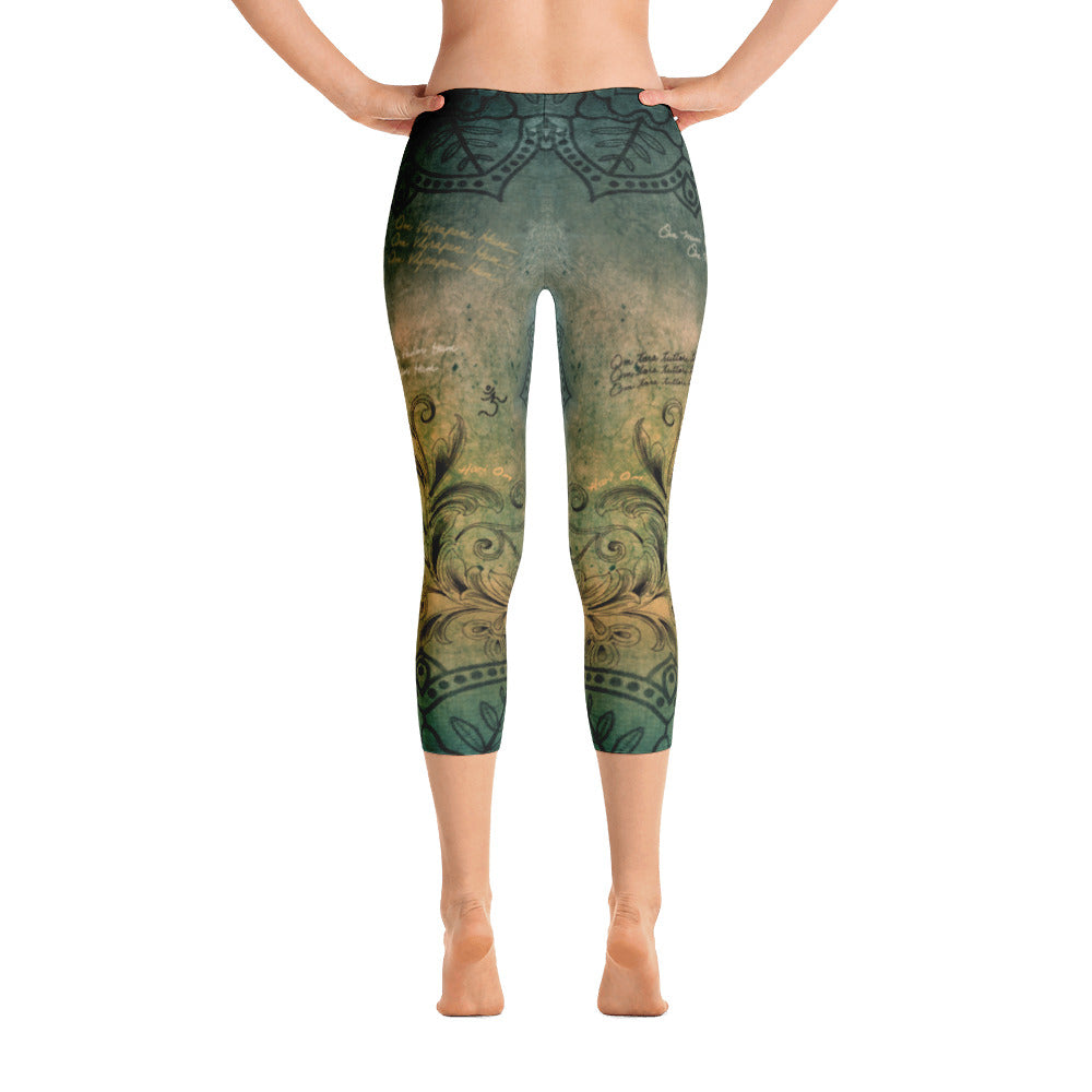 Capri leggings with an Eastern vibe. Matches Buddha in Mudra tops. Designed by Sushila Oliphant, Apparel for the Spirit.