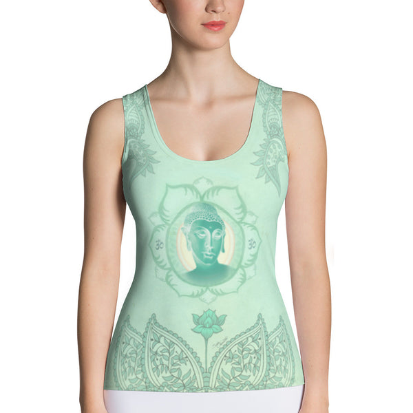 Women's yoga tank top with Buddha, om sign, mantra, peace sign by Sushila Oliphant and Apparel for the Spirit.